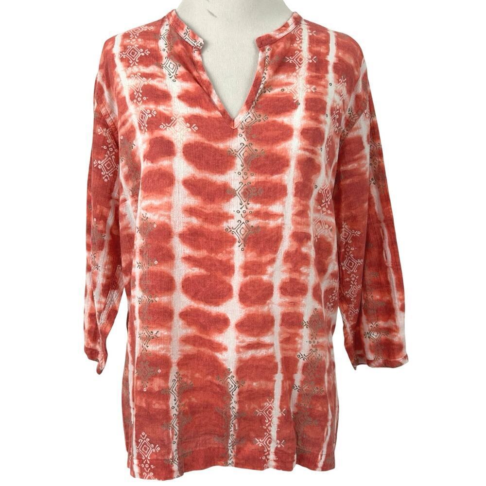 Columbia Coral and White Tie-Dye Split V-Neck Tunic